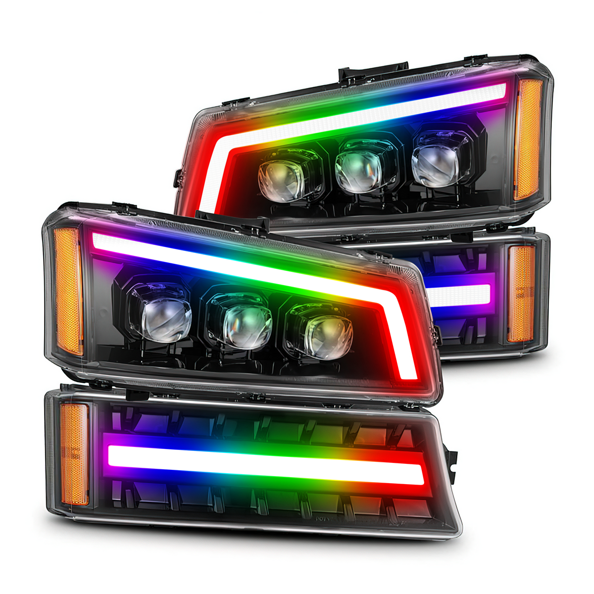 Chevrolet Silverado: Multicolor Flow Series Nova Alpha Black Headlights (2003-2006) | Alpharex – Custom Multicolor LED Lighting by RGB Halo Kits