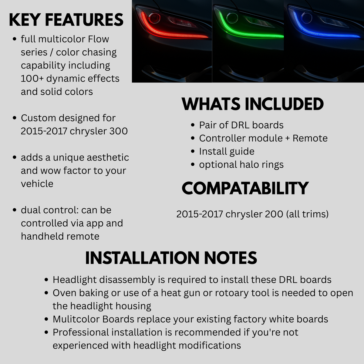 Chrysler 200 Flow Series DRL Boards (2015-2017) – Custom Multicolor LED Lighting by RGB Halo Kits