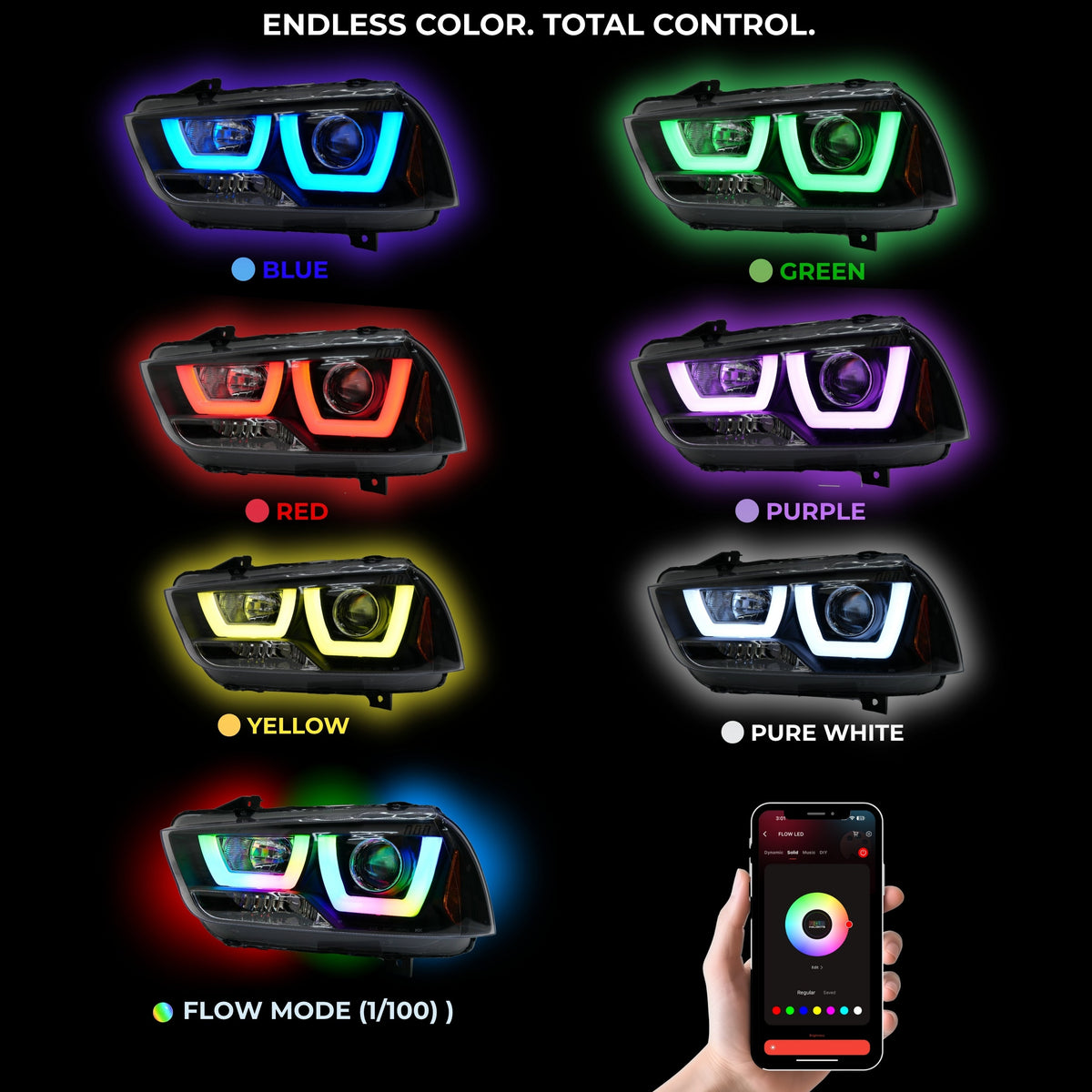 Dodge Charger Flow Series DRL Boards (for 2011-2014 Spec-D Headlights) – Custom Multicolor LED Lighting by RGB Halo Kits