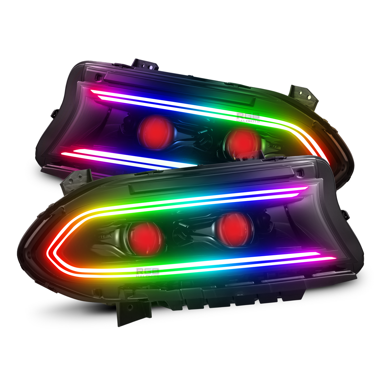 Dodge Charger: Multicolor Flow Series LUXX-Series LED Projector Headlights + Demon Eyes (2015–2023) – Custom Multicolor LED Lighting by RGB Halo Kits