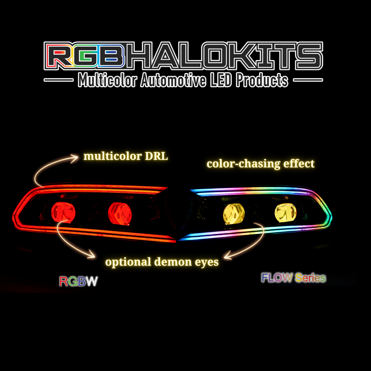 Dodge Charger: Multicolor Flow Series LUXX-Series LED Projector Headlights + Demon Eyes (2015–2023) – Custom Multicolor LED Lighting by RGB Halo Kits
