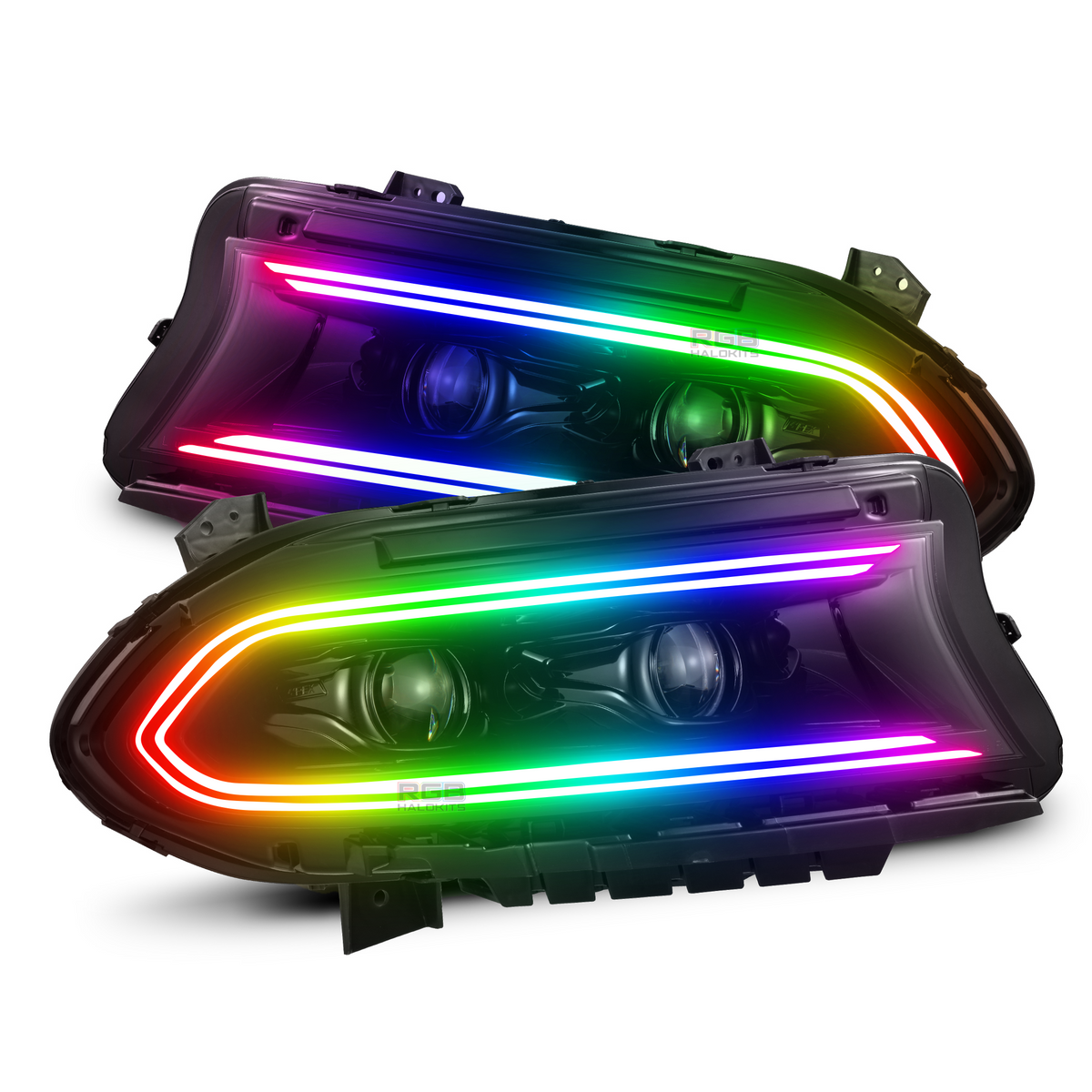 Dodge Charger: Multicolor Flow Series LUXX-Series LED Projector Headlights + Demon Eyes (2015–2023) – Custom Multicolor LED Lighting by RGB Halo Kits
