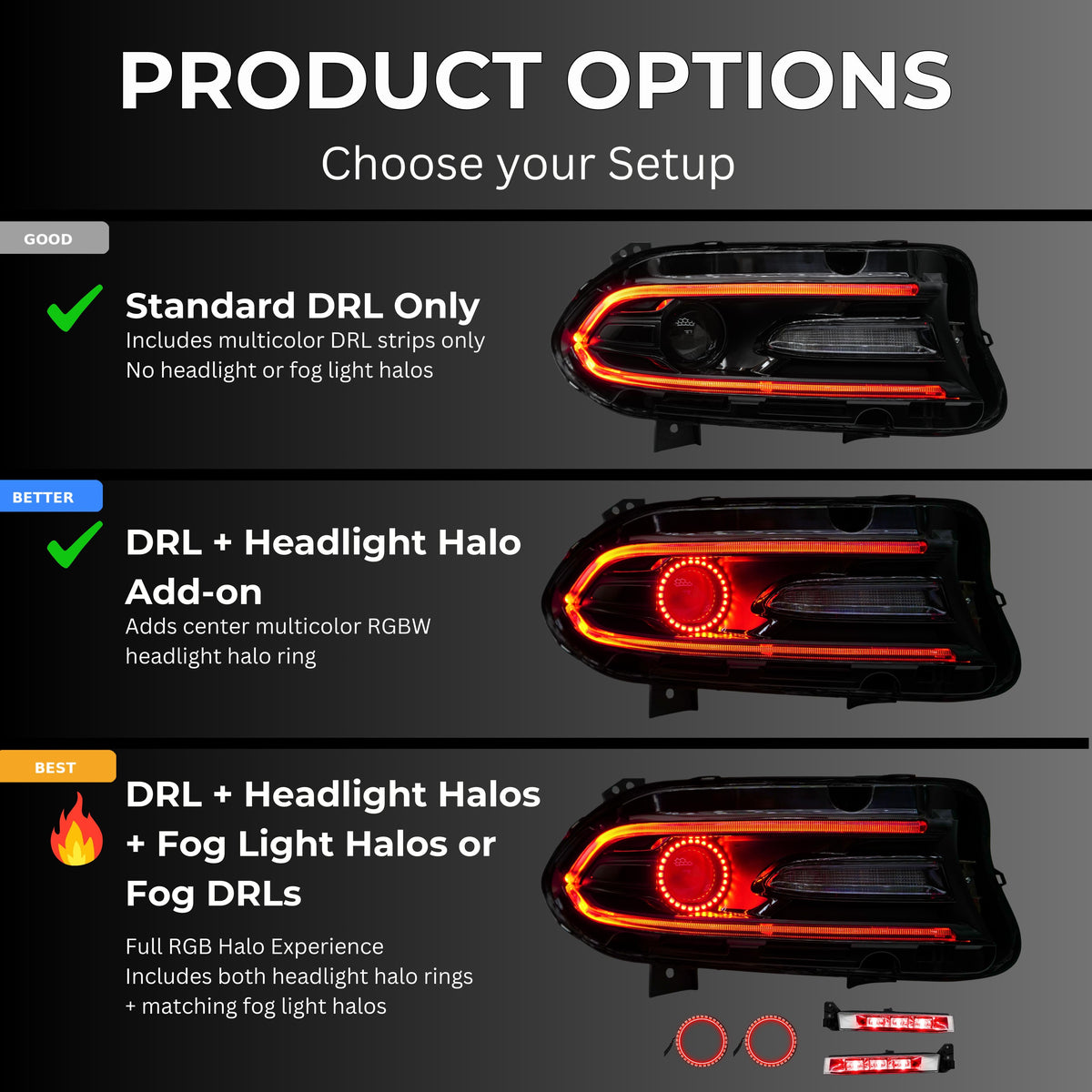 Dodge Charger RGBWA DRL Boards (2015-2023) – Custom Multicolor LED Lighting by RGB Halo Kits