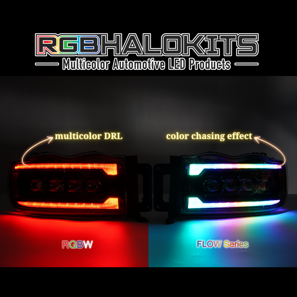 Dodge Ram HD: Multicolor Flow Series NOVA Headlights (2002-2005) – Custom Multicolor LED Lighting by RGB Halo Kits
