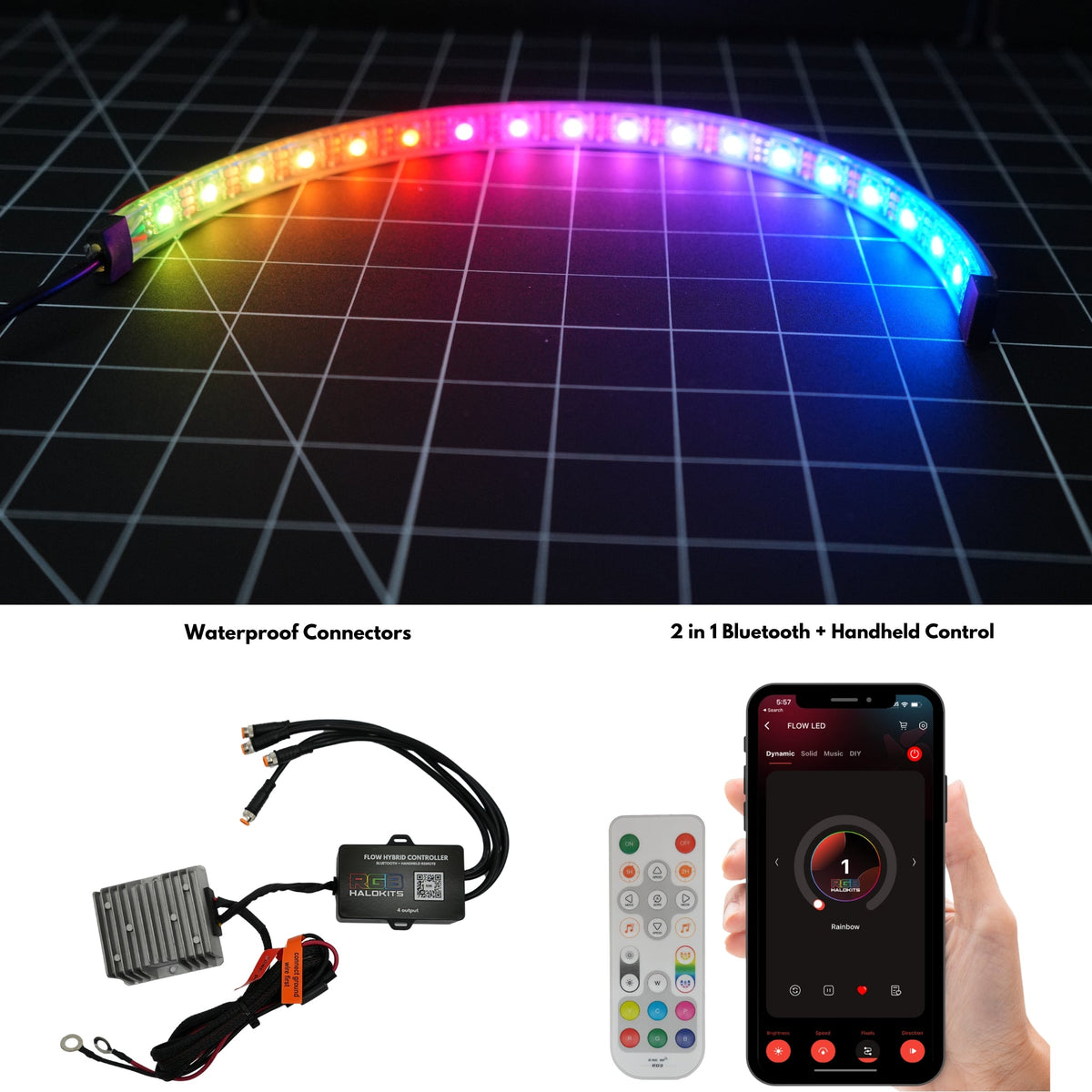 Flow Series Waterproof LED Strip – IP68 Flexible (12"–72") – Custom Multicolor LED Lighting by RGB Halo Kits