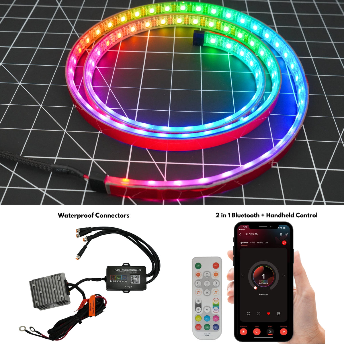Flow Series Waterproof LED Strip – IP68 Flexible (12"–72") – Custom Multicolor LED Lighting by RGB Halo Kits
