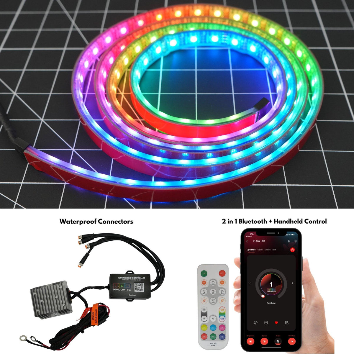 Flow Series Waterproof LED Strip – IP68 Flexible (12"–72") – Custom Multicolor LED Lighting by RGB Halo Kits
