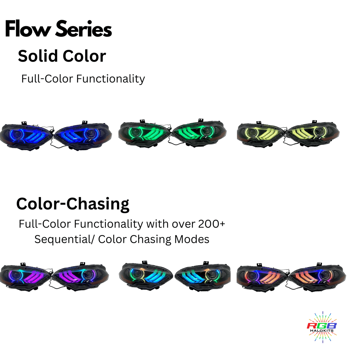 (2018-2023) Ford Mustang: Multicolor Flow Headlights w/ Halos – Custom Multicolor LED Lighting by RGB Halo Kits