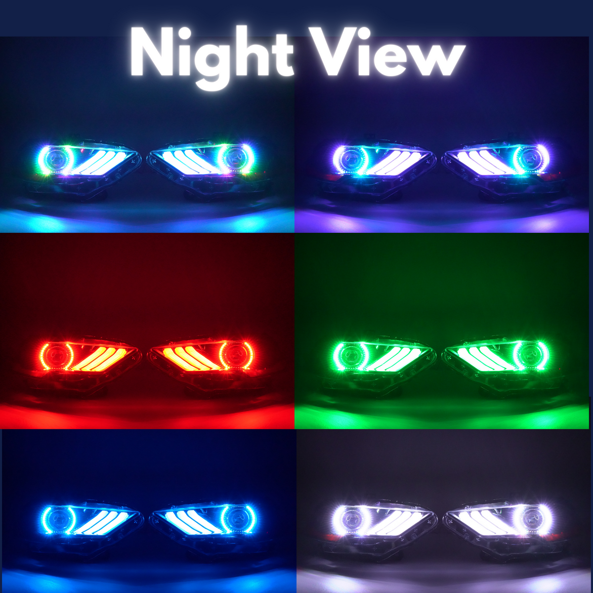 (2018-2023) Ford Mustang: Multicolor Flow Headlights w/ Halos – Custom Multicolor LED Lighting by RGB Halo Kits