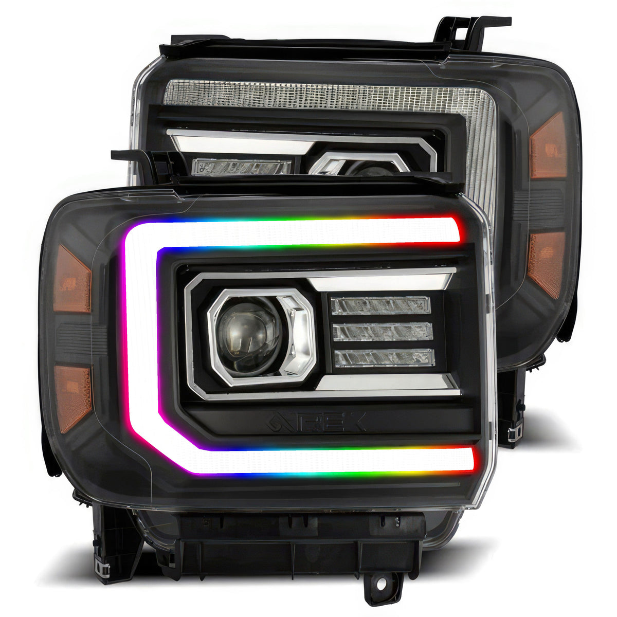 GMC Sierra: Multicolor Flow Series Alphablack Headlights (2014-2018) | Alpharex – Custom Multicolor LED Lighting by RGB Halo Kits
