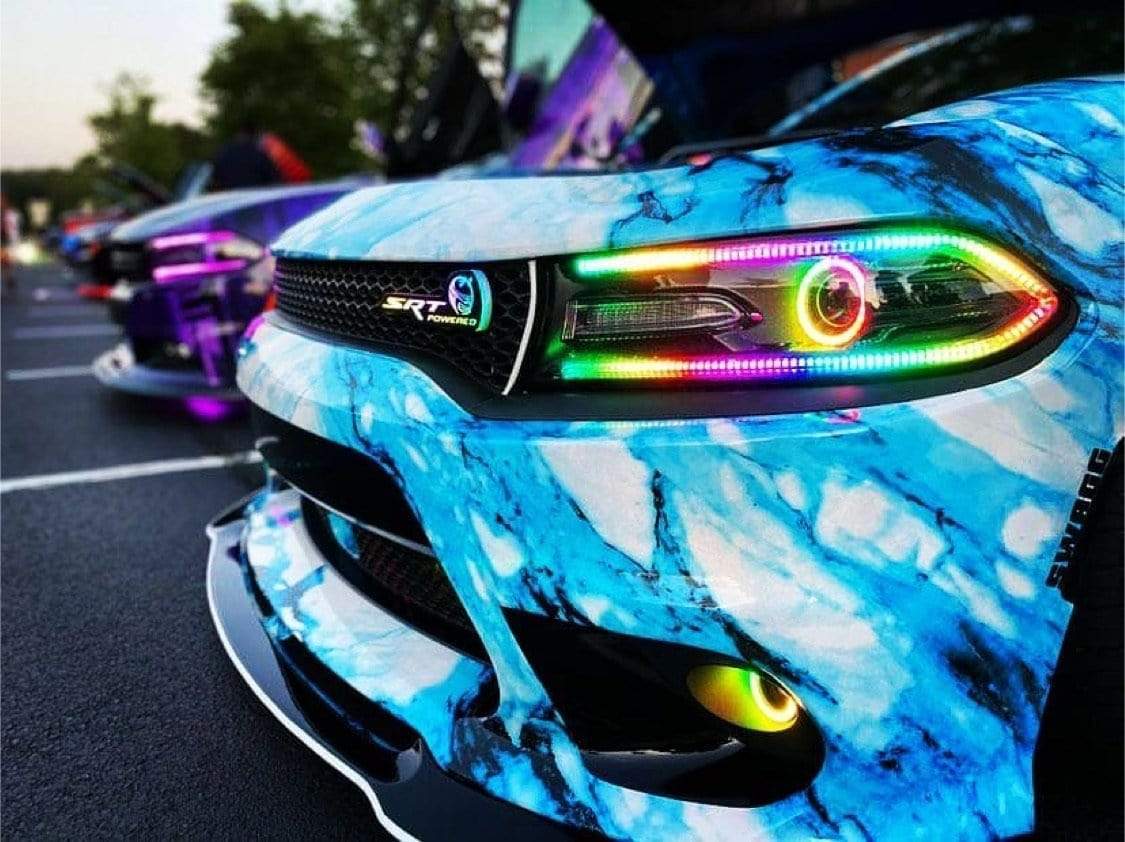 2015-2023 Dodge Charger Flow Series/Color Chasing DRL Boards (Diffused LED Version) - RGB Halo Kits Multicolor Flow Series Color Chasing RGBWA LED headlight kit Oracle Lighting Trendz OneUpLighting Morimoto theretrofitsource AutoLEDTech Diode Dynamics