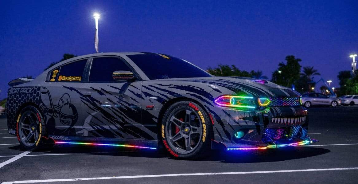 2015-2023 Dodge Charger Flow Series/Color Chasing DRL Boards (Diffused LED Version) - RGB Halo Kits Multicolor Flow Series Color Chasing RGBWA LED headlight kit Oracle Lighting Trendz OneUpLighting Morimoto theretrofitsource AutoLEDTech Diode Dynamics