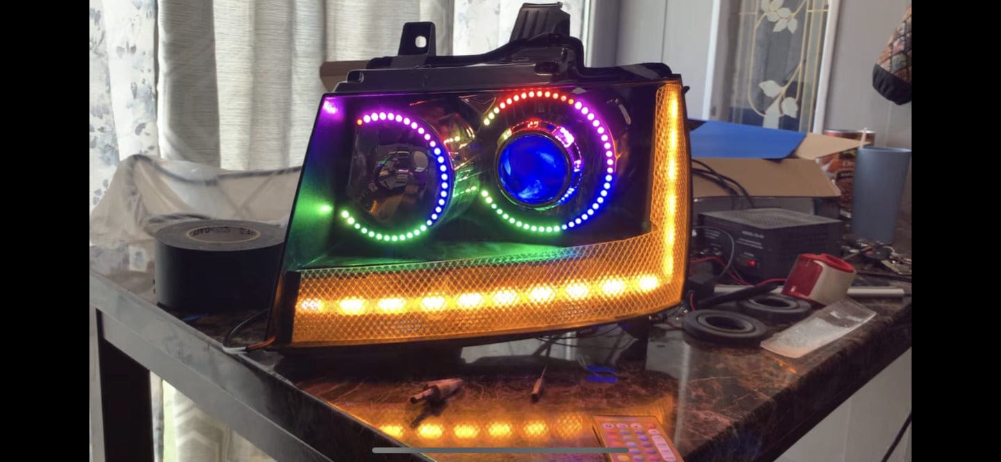 2007-2014 Chevrolet Tahoe Multicolor Halo Kit - RGB Halo Kits Multicolor Flow Series Color Chasing RGBWA LED headlight kit Colorshift Oracle Lighting Trendz OneUpLighting Morimoto theretrofitsource AutoLEDTech Diode Dynamics