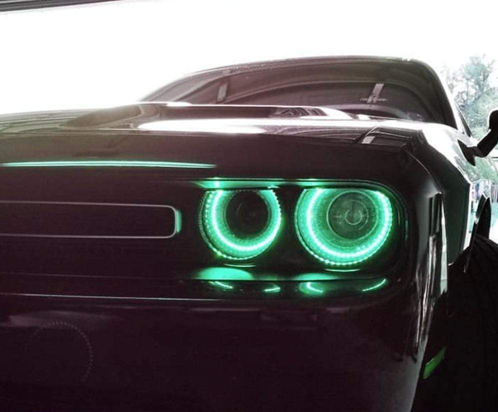 2015-2022 Dodge Challenger Waterproof External Mount Multicolor Halo Kit - RGB Halo Kits Multicolor Flow Series Color Chasing RGBWA LED headlight kit Oracle Lighting Trendz OneUpLighting Morimoto theretrofitsource AutoLEDTech Diode Dynamics
