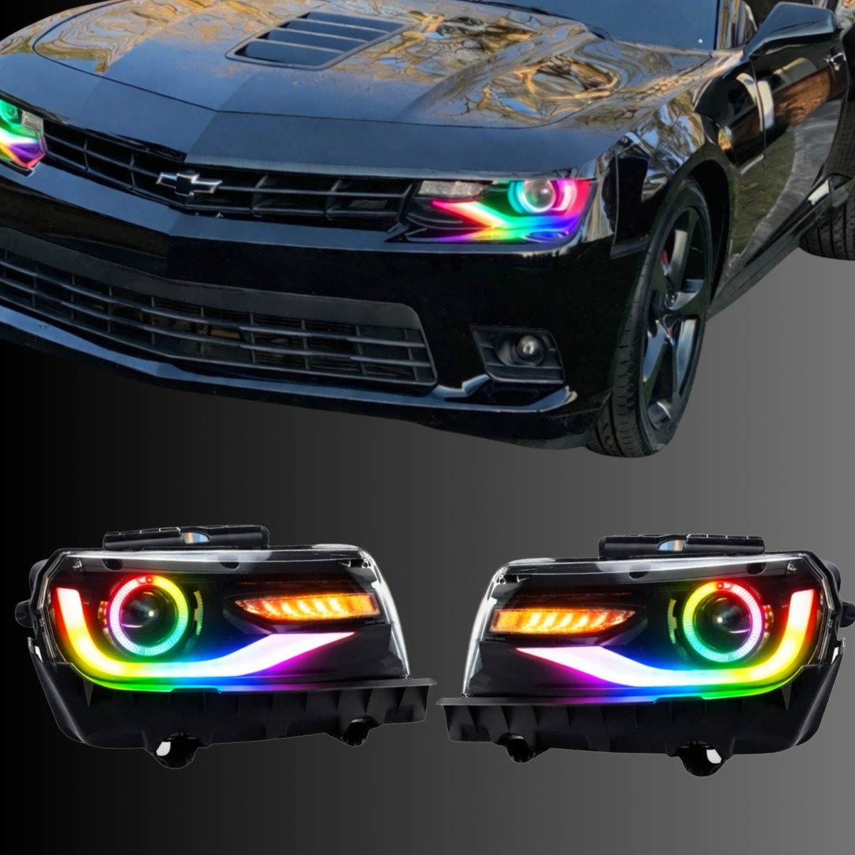 Chevrolet Camaro: Multicolor Flow Series Headlights with Halos (2014-2015) – Custom Multicolor LED Lighting by RGB Halo Kits
