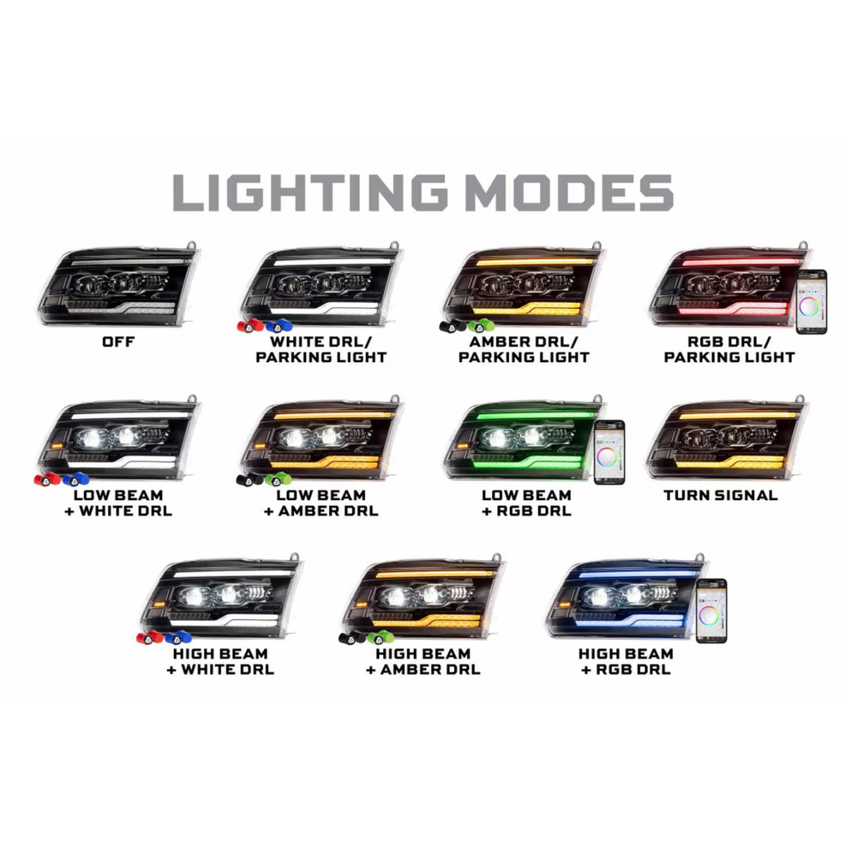 Dodge Ram 1500/HD: Multicolor XRGB Evo Headlights (2009-2018) – Custom Multicolor LED Lighting by RGB Halo Kits