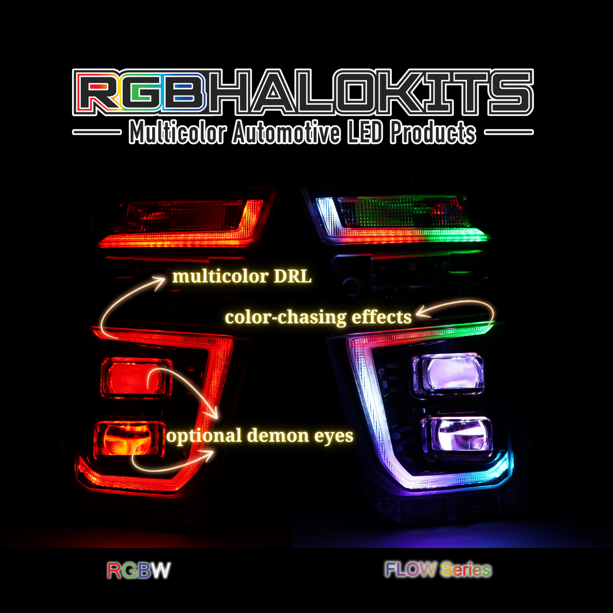 Chevrolet Silverado HD: Multicolor Flow Series Headlights + Demon Eyes (2020–2024) | XB Hybrid Morimoto – Custom Multicolor LED Lighting by RGB Halo Kits