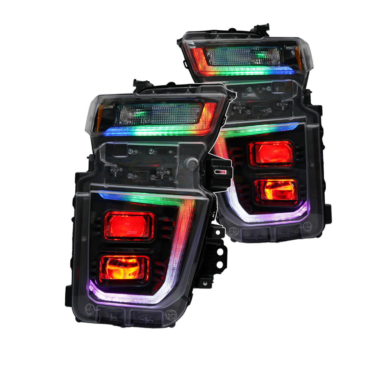 Chevrolet Silverado HD: Multicolor Flow Series Headlights + Demon Eyes (2020–2024) | XB Hybrid Morimoto – Custom Multicolor LED Lighting by RGB Halo Kits