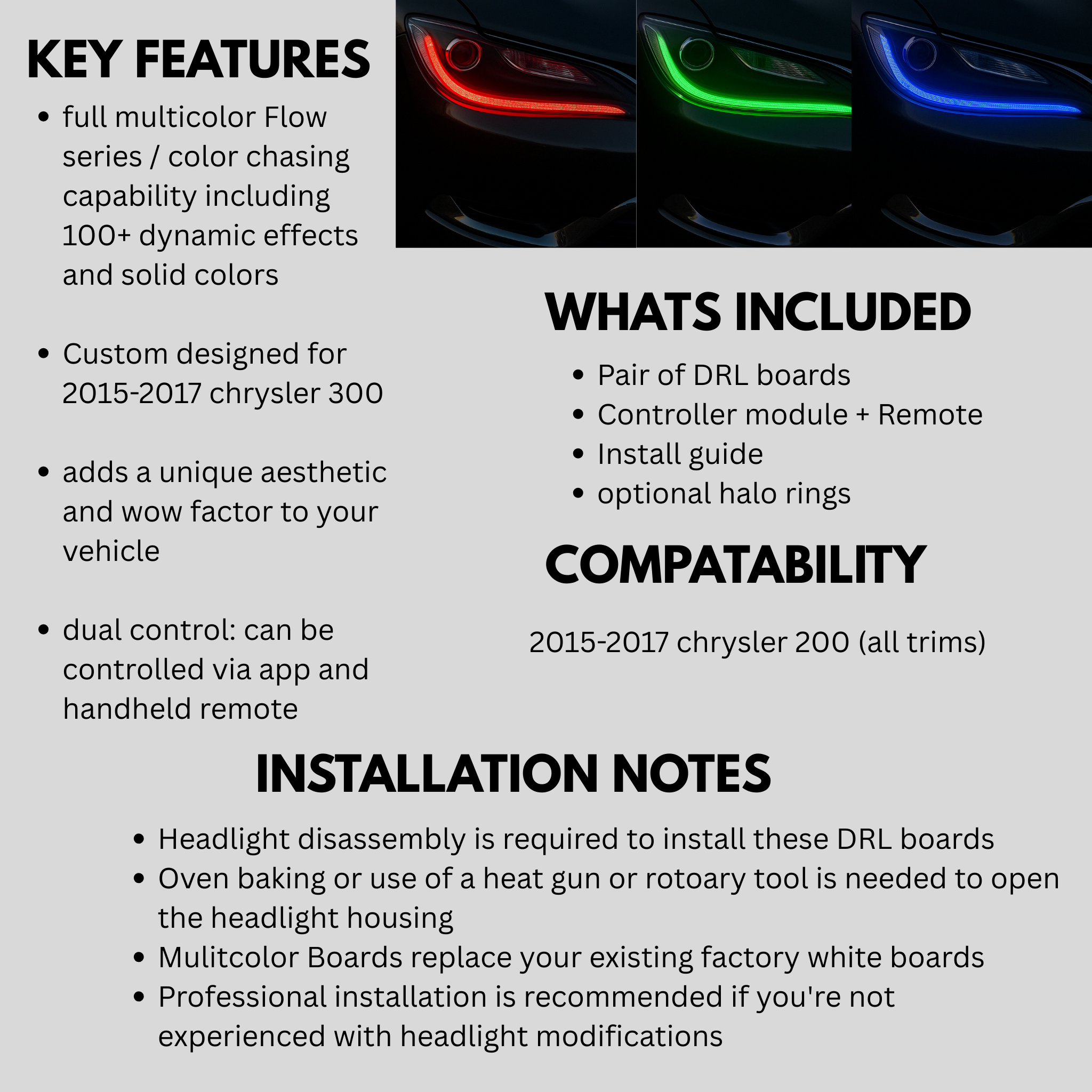 Chrysler 200 Flow Series DRL Boards (2015-2017) – Custom Multicolor LED Lighting by RGB Halo Kits