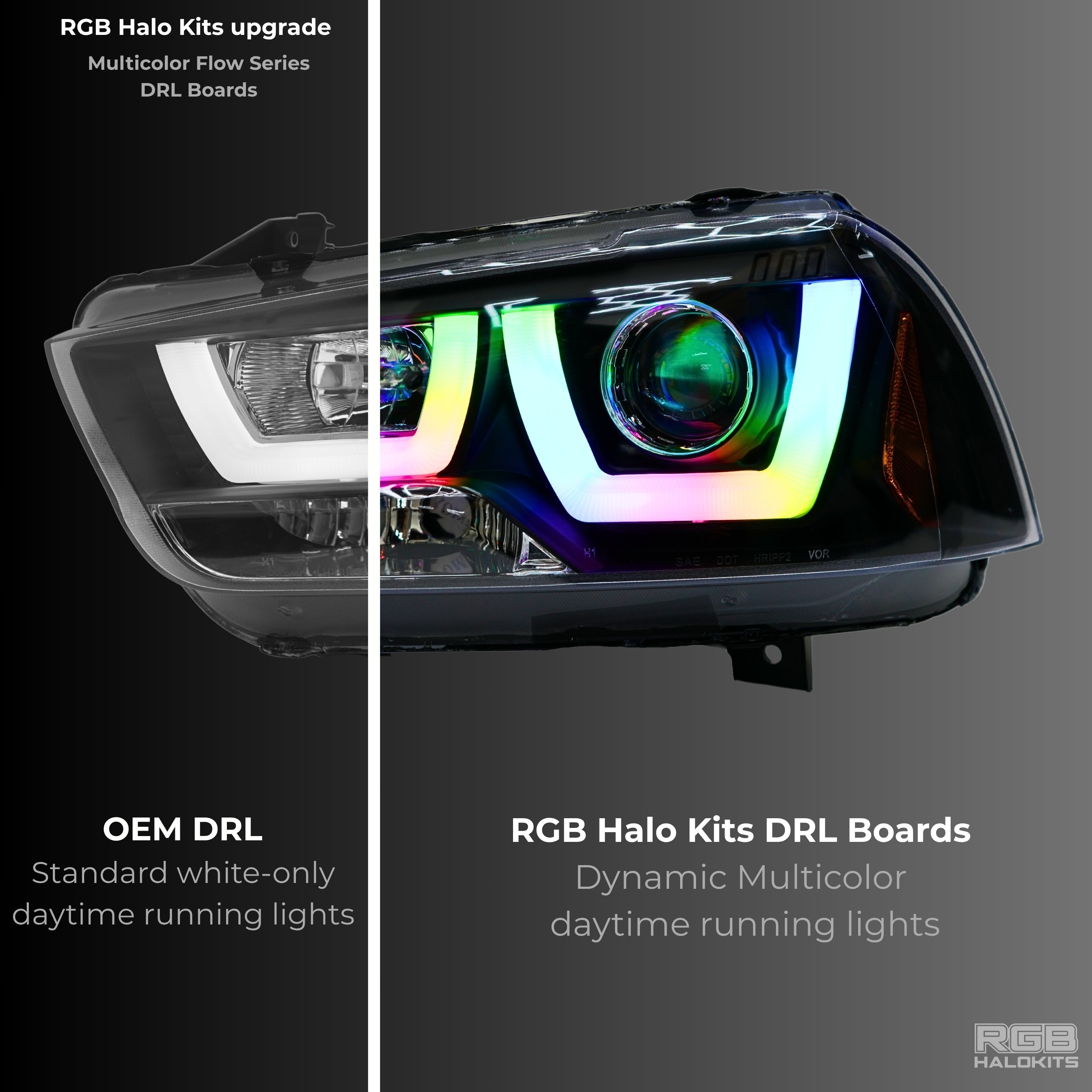 Dodge Charger Flow Series DRL Boards (for 2011-2014 Spec-D Headlights) – Custom Multicolor LED Lighting by RGB Halo Kits