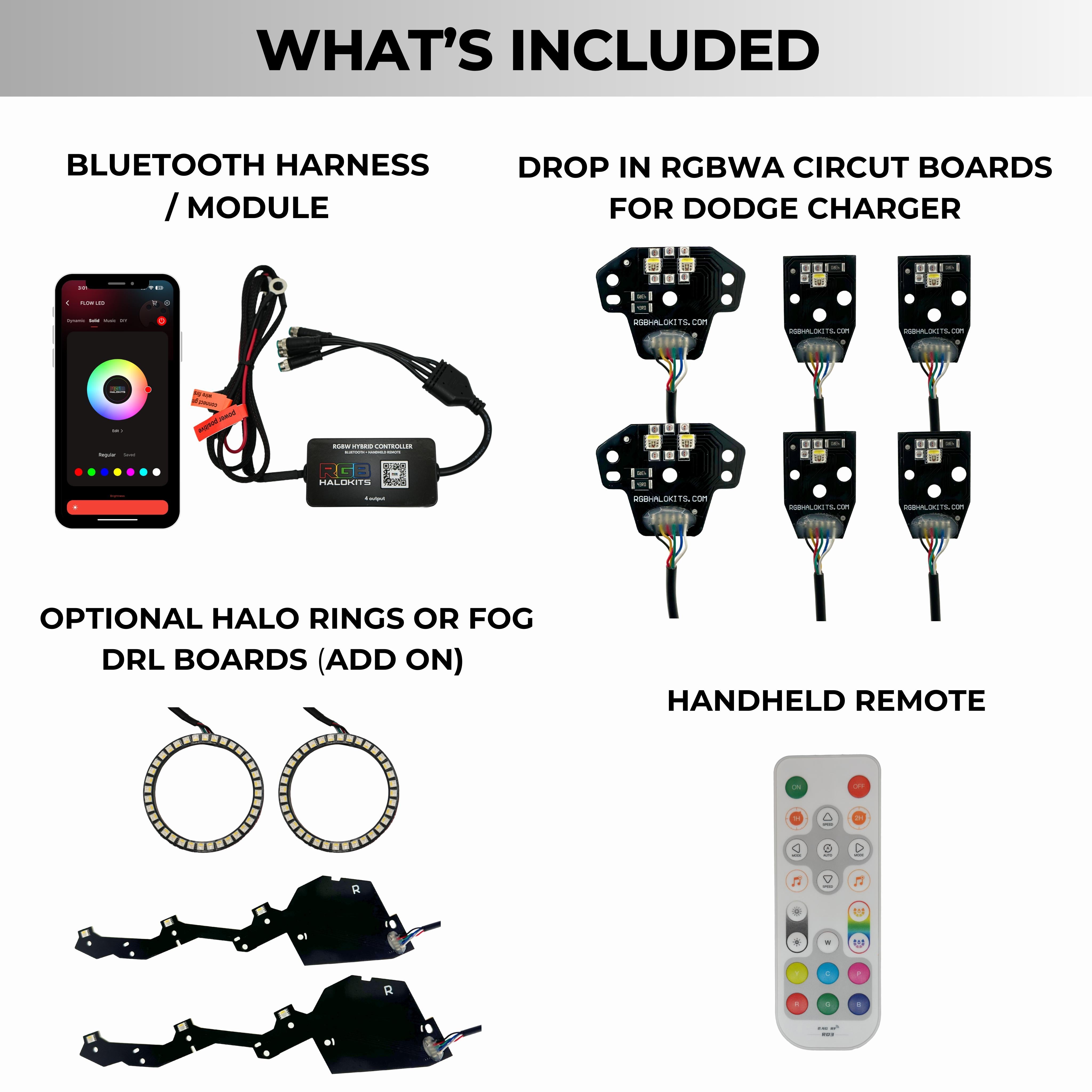 Dodge Charger RGBWA DRL Boards (2015-2023) – Custom Multicolor LED Lighting by RGB Halo Kits