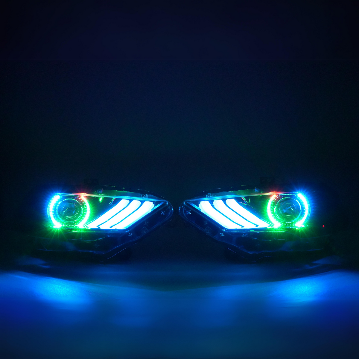 (2018-2023) Ford Mustang: Multicolor Flow Headlights w/ Halos – Custom Multicolor LED Lighting by RGB Halo Kits