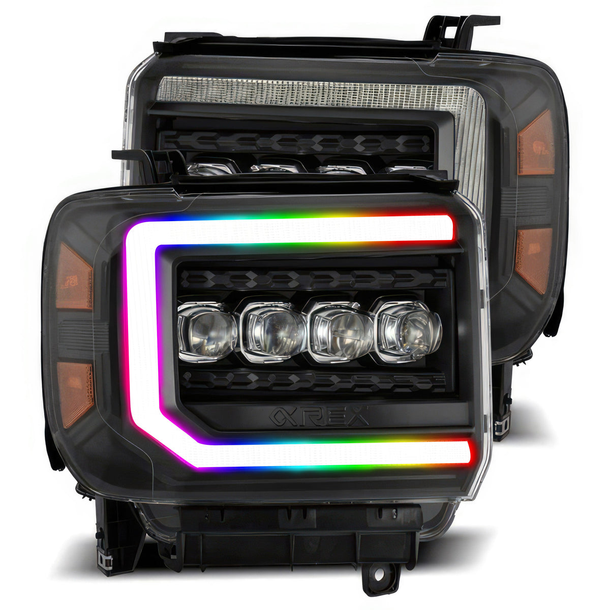 GMC Sierra: Multicolor Flow Series Alphablack Headlights (2014-2018) | Alpharex – Custom Multicolor LED Lighting by RGB Halo Kits