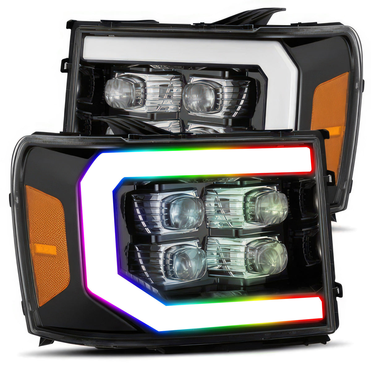 GMC Sierra: Multicolor Flow Series Jet Black Headlights (2007-2013) | Alpharex – Custom Multicolor LED Lighting by RGB Halo Kits