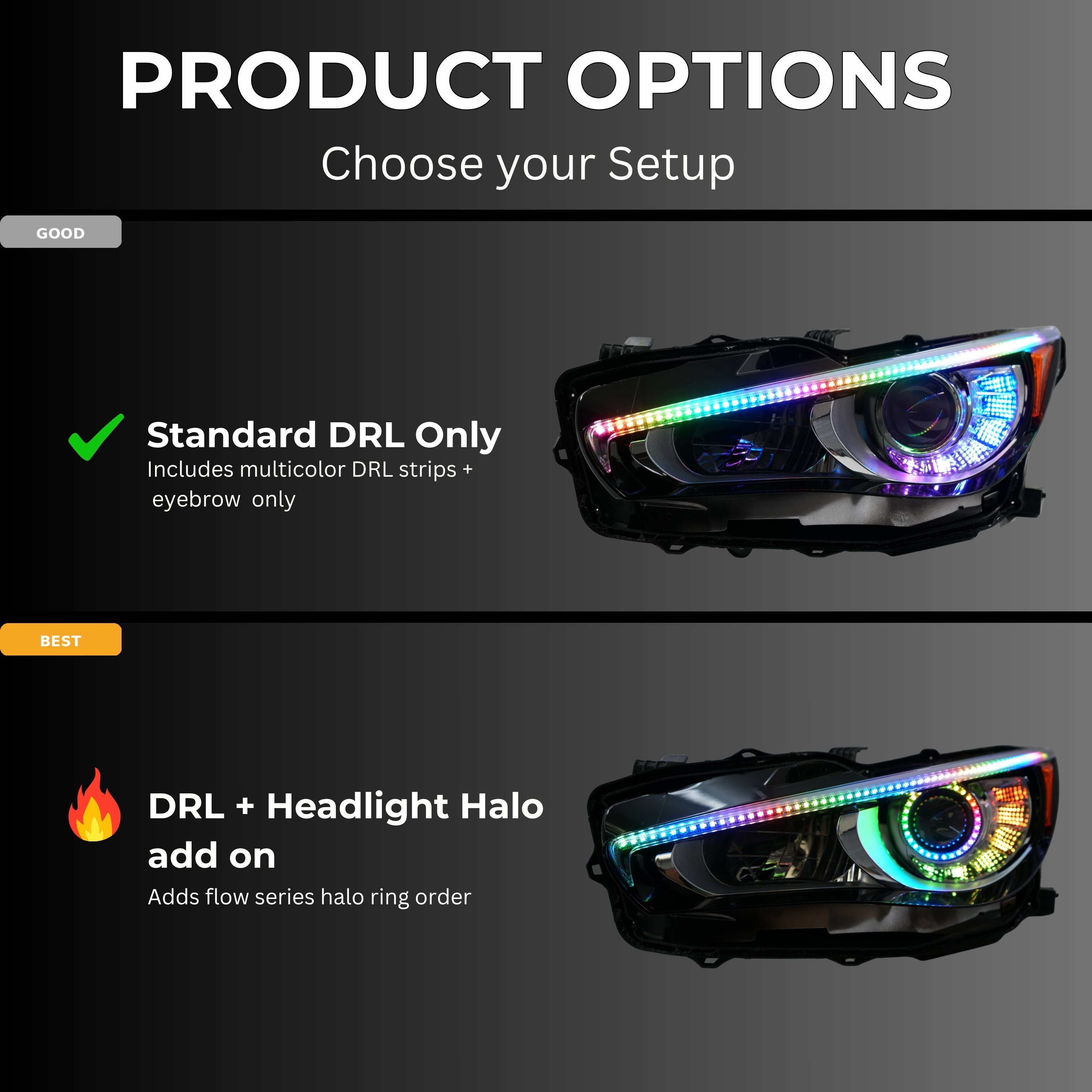 Infiniti Q50 Multicolor Flow DRL Boards (2014-2024) – Custom Multicolor LED Lighting by RGB Halo Kits