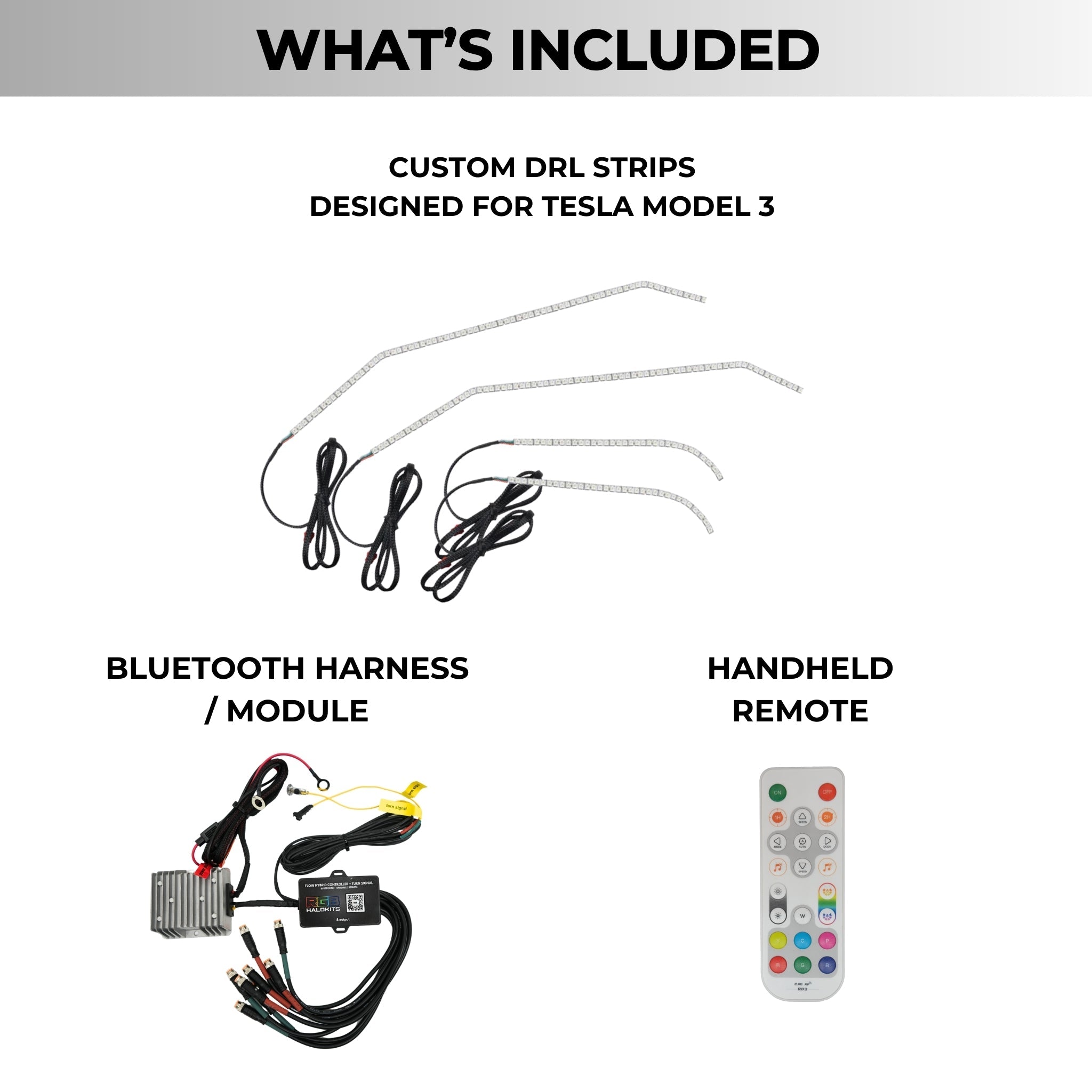 Tesla Model 3 Flow Series DRL boards (2021+) – Custom Multicolor LED Lighting by RGB Halo Kits