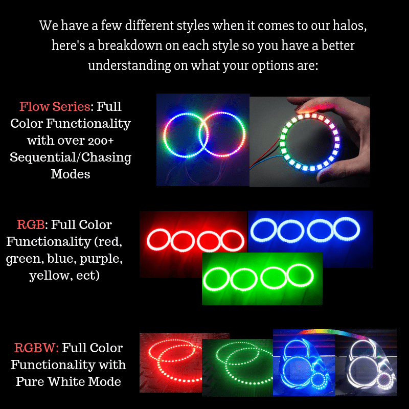 Waterproof LED Multicolor Halo Rings - RGB Halo Kits Multicolor Flow Series Color Chasing RGBWA LED headlight kit Oracle Lighting Trendz OneUpLighting Morimoto theretrofitsource AutoLEDTech Diode Dynamics