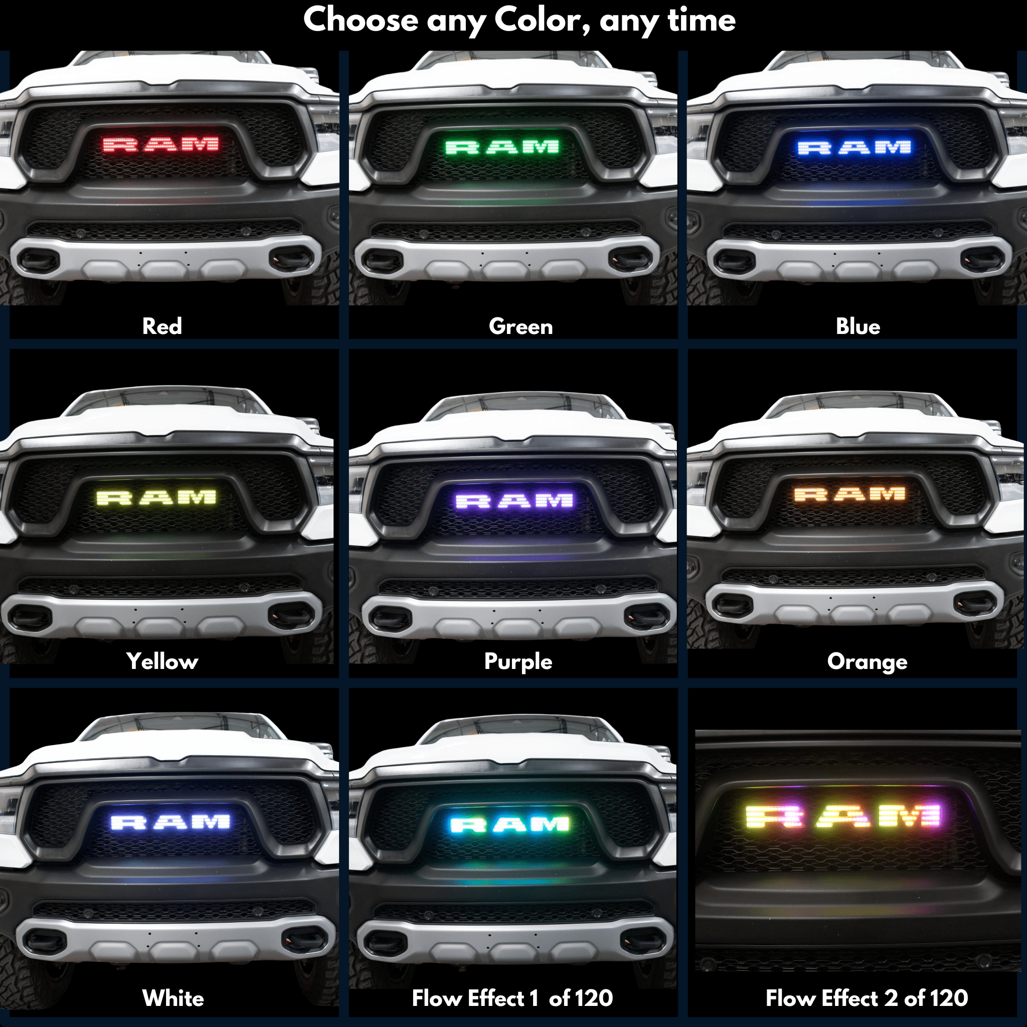 2019-2023 Ram Multicolor Illuminated LED Emblem 2.0 - RGB Halo Kits Multicolor Flow Series Color Chasing RGBWA LED headlight kit Oracle Lighting Trendz OneUpLighting Morimoto theretrofitsource AutoLEDTech Diode Dynamics