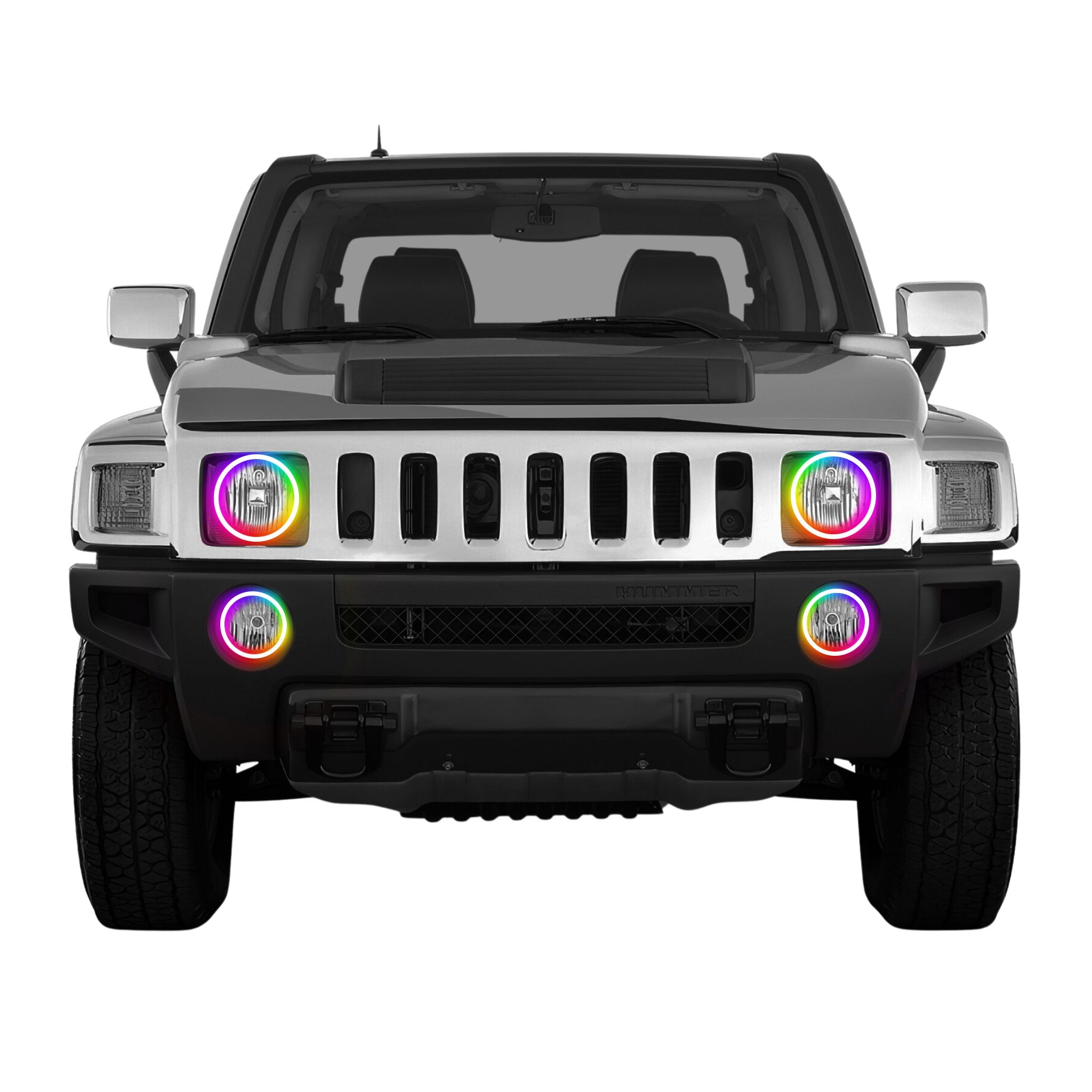 2006-2010 Hummer H3 Multicolor Halo Kit - RGB Halo Kits Multicolor Flow Series Color Chasing RGBWA LED headlight kit Colorshift Oracle Lighting Trendz OneUpLighting Morimoto theretrofitsource AutoLEDTech Diode Dynamics