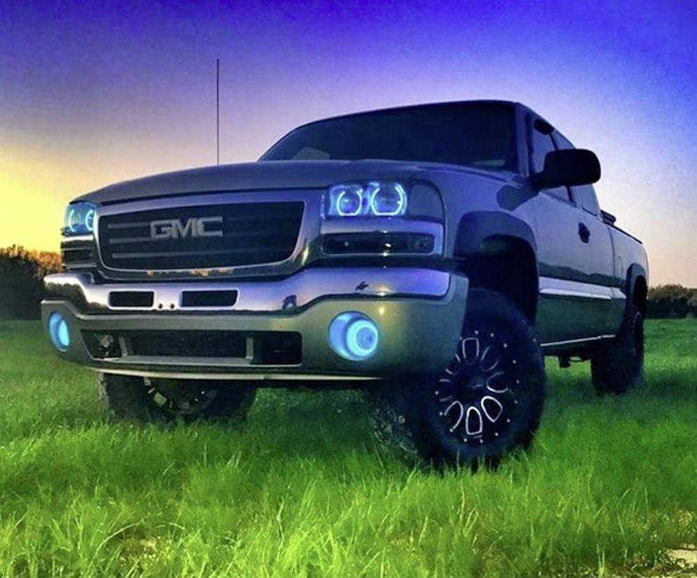 1999-2006 GMC Sierra Multicolor Halo Kit - RGB Halo Kits Multicolor Flow Series Color Chasing RGBWA LED headlight kit Colorshift Oracle Lighting Trendz OneUpLighting Morimoto theretrofitsource AutoLEDTech Diode Dynamics