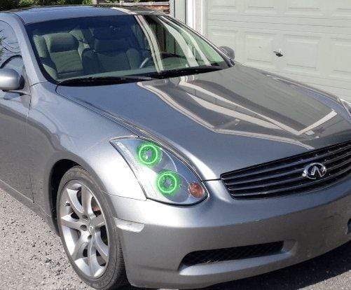 2003-2005 Infiniti G35 Coupe Multicolor Halo Kit - RGB Halo Kits Multicolor Flow Series Color Chasing RGBWA LED headlight kit Colorshift Oracle Lighting Trendz OneUpLighting Morimoto theretrofitsource AutoLEDTech Diode Dynamics