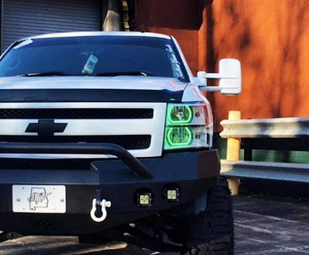 2007-2013 Chevrolet Silverado Flat Bottom Multicolor Halo Kit - RGB Halo Kits Multicolor Flow Series Color Chasing RGBWA LED headlight kit Colorshift Oracle Lighting Trendz OneUpLighting Morimoto theretrofitsource AutoLEDTech Diode Dynamics