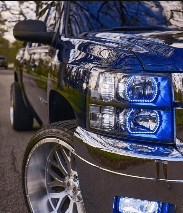 2007-2013 Chevrolet Silverado Flat Bottom Multicolor Halo Kit - RGB Halo Kits Multicolor Flow Series Color Chasing RGBWA LED headlight kit Colorshift Oracle Lighting Trendz OneUpLighting Morimoto theretrofitsource AutoLEDTech Diode Dynamics