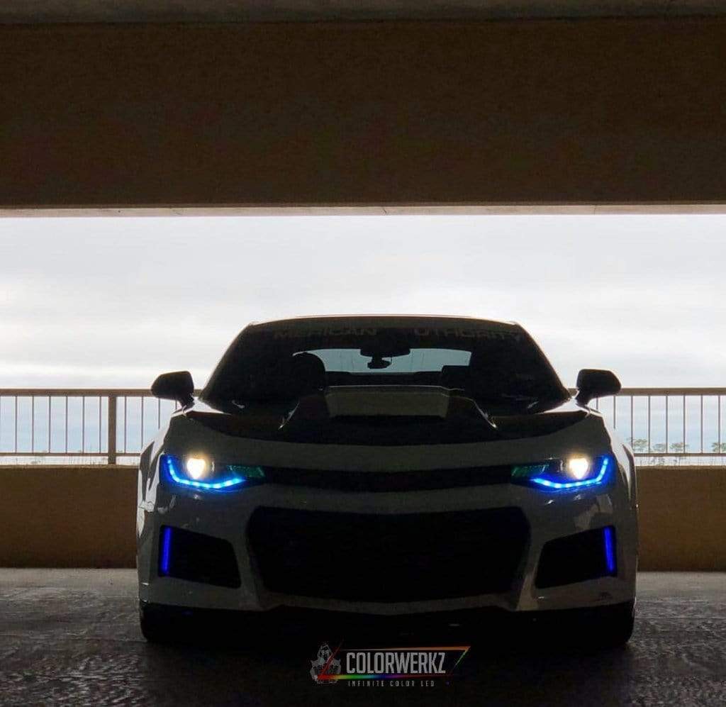 2016-2018 Chevrolet Camaro Multicolor DRL Boards - RGB Halo Kits Multicolor Flow Series Color Chasing RGBWA LED headlight kit Oracle Lighting Trendz OneUpLighting Morimoto theretrofitsource AutoLEDTech Diode Dynamics