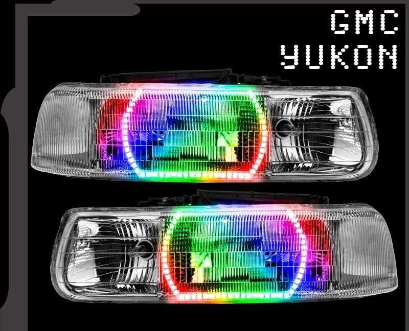 2000-2006 GMC Yukon LED Multicolor Halo Kit - RGB Halo Kits Multicolor Flow Series Color Chasing RGBWA LED headlight kit Colorshift Oracle Lighting Trendz OneUpLighting Morimoto theretrofitsource AutoLEDTech Diode Dynamics