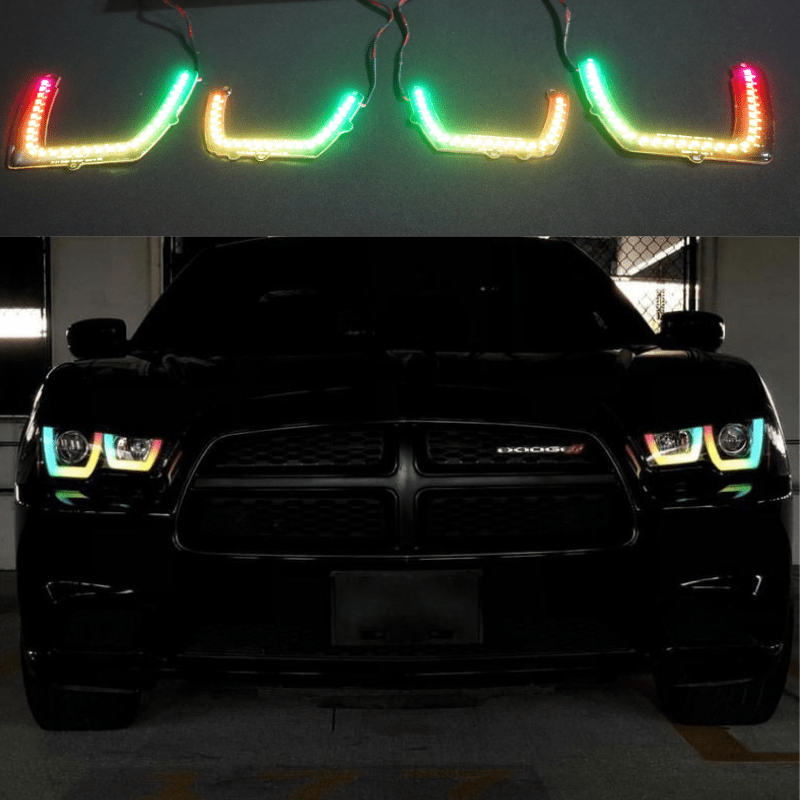 2011-2014 Dodge Charger Flow Series/Color Chasing DRL Boards (for Spec-D Headlights) - RGB Halo Kits Multicolor Flow Series Color Chasing RGBWA LED headlight kit Colorshift Oracle Lighting Trendz OneUpLighting Morimoto theretrofitsource AutoLEDTech Diode Dynamics