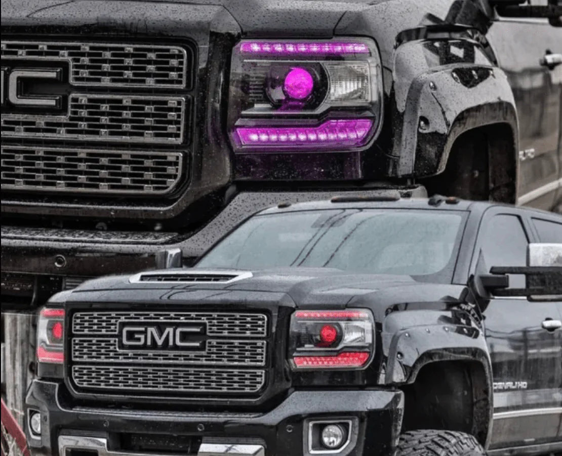 2014-2015 GMC Sierra RGBW DRL Boards - RGB Halo Kits Multicolor Flow Series Color Chasing RGBWA LED headlight kit Oracle Lighting Trendz OneUpLighting Morimoto theretrofitsource AutoLEDTech Diode Dynamics