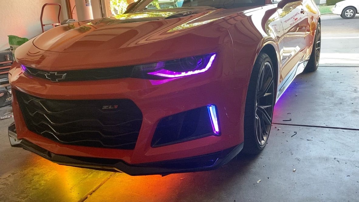 2016-2018 Chevrolet Camaro Multicolor DRL Boards - RGB Halo Kits Multicolor Flow Series Color Chasing RGBWA LED headlight kit Oracle Lighting Trendz OneUpLighting Morimoto theretrofitsource AutoLEDTech Diode Dynamics