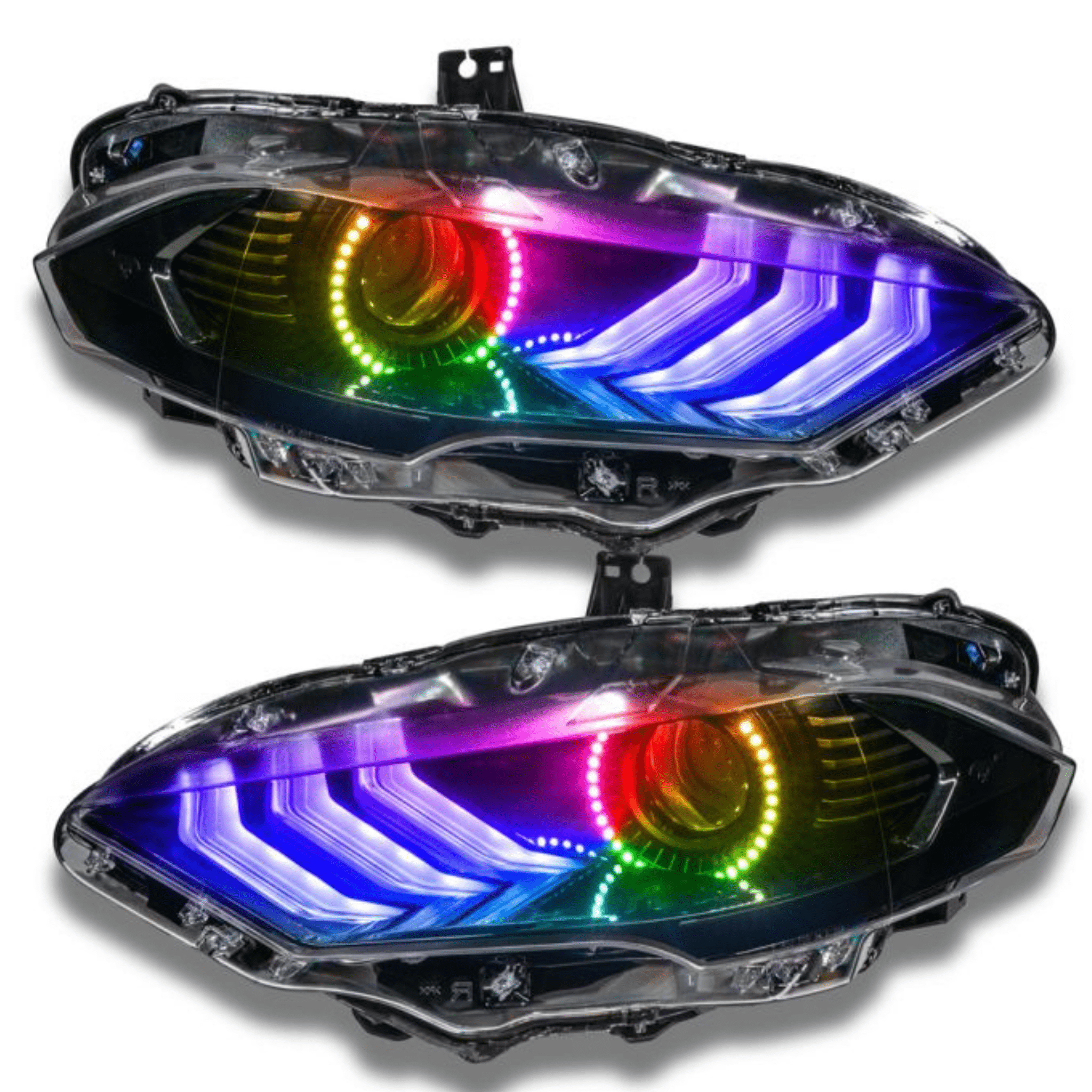 2018-2023 Ford Mustang Multicolor DRL Boards - RGB Halo Kits Multicolor Flow Series Color Chasing RGBWA LED headlight kit Oracle Lighting Trendz OneUpLighting Morimoto theretrofitsource AutoLEDTech Diode Dynamics