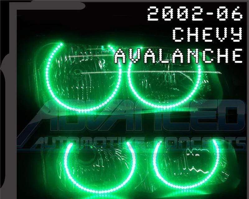 2002-2006 Chevrolet Avalanche Multicolor Halo Kit - RGB Halo Kits Multicolor Flow Series Color Chasing RGBWA LED headlight kit Colorshift Oracle Lighting Trendz OneUpLighting Morimoto theretrofitsource AutoLEDTech Diode Dynamics