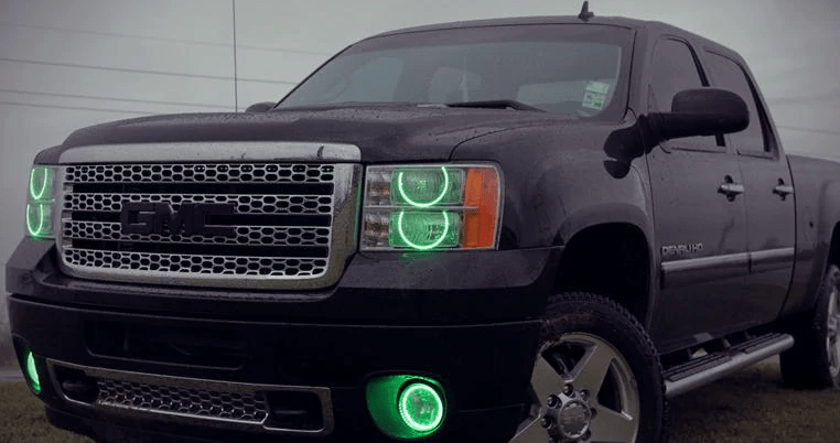 2007-2013 GMC Sierra Multicolor Halo Kit (Round Style) - RGB Halo Kits Multicolor Flow Series Color Chasing RGBWA LED headlight kit Colorshift Oracle Lighting Trendz OneUpLighting Morimoto theretrofitsource AutoLEDTech Diode Dynamics