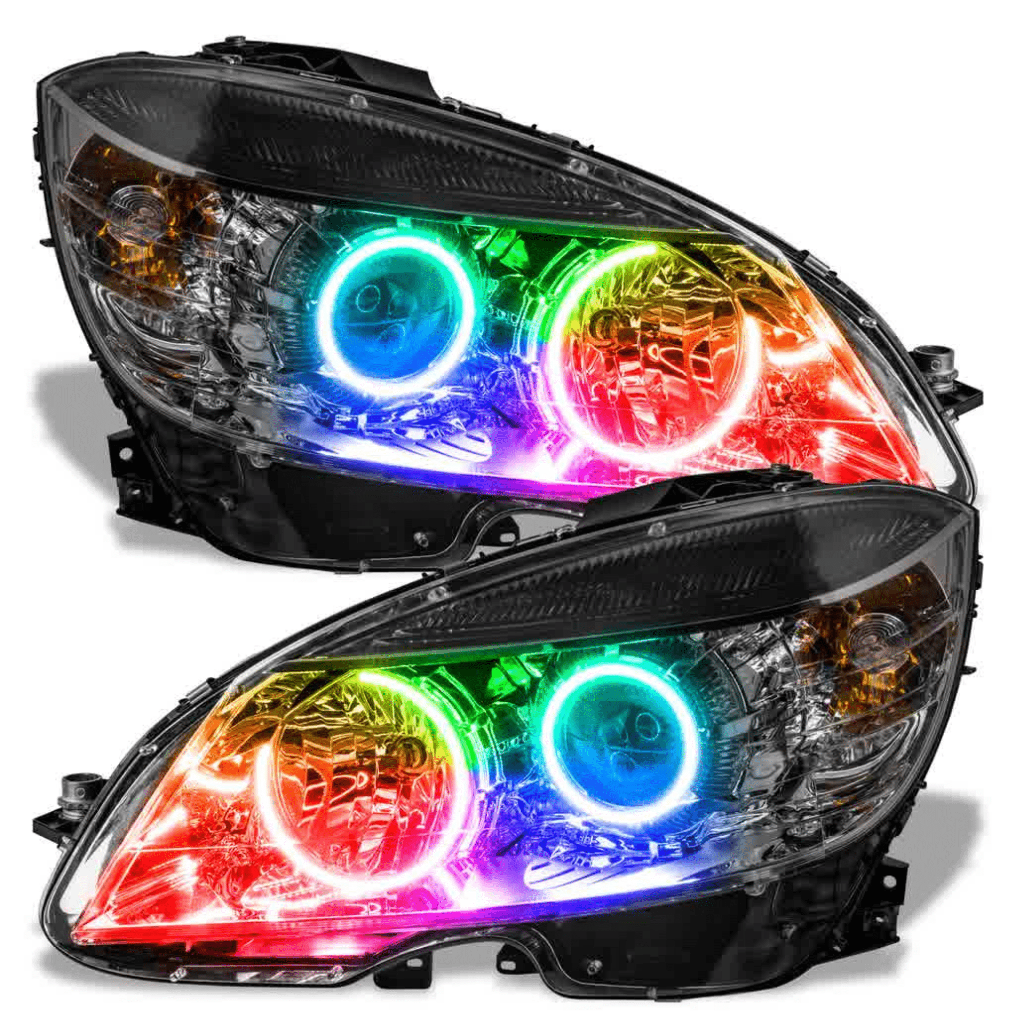 2008-2011 Mercedes C-Class C250 C300 C350 Multicolor Halo Kit - RGB Halo Kits Multicolor Flow Series Color Chasing RGBWA LED headlight kit Colorshift Oracle Lighting Trendz OneUpLighting Morimoto theretrofitsource AutoLEDTech Diode Dynamics