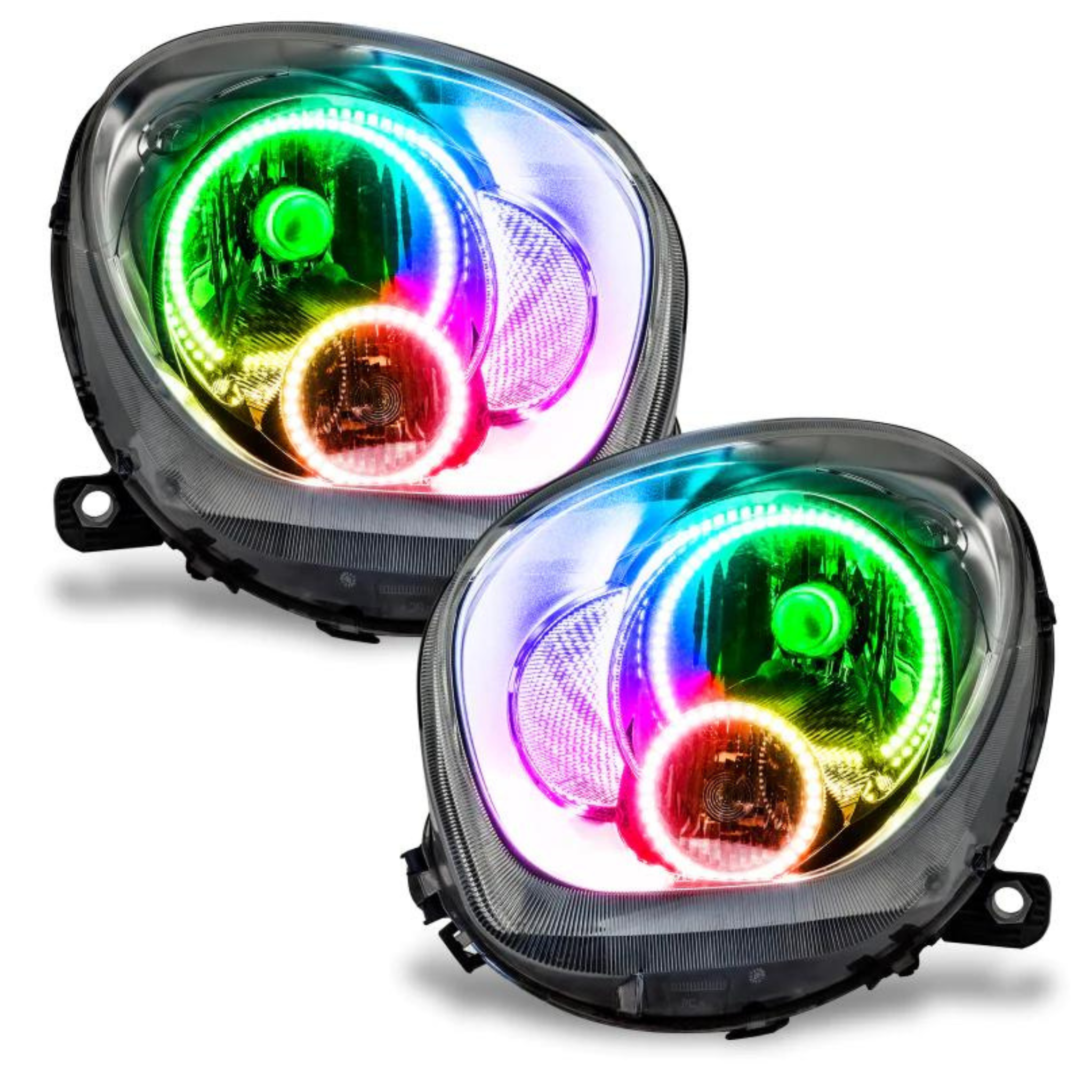 2011-2015 Mini Cooper Countryman Multicolor Halo Kit - RGB Halo Kits Multicolor Flow Series Color Chasing RGBWA LED headlight kit Colorshift Oracle Lighting Trendz OneUpLighting Morimoto theretrofitsource AutoLEDTech Diode Dynamics