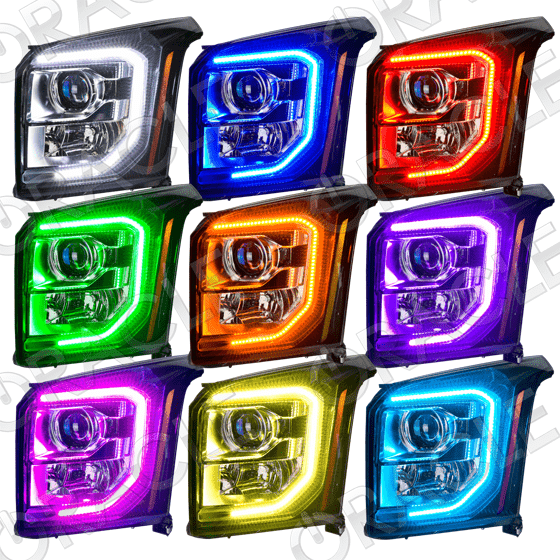 2015-2018 GMC Yukon LED Colorshift Multicolor Halo Kit - RGB Halo Kits Multicolor Flow Series Color Chasing RGBWA LED headlight kit Oracle Lighting Trendz OneUpLighting Morimoto theretrofitsource AutoLEDTech Diode Dynamics