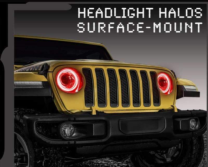 2018-2023+ Jeep Wrangler/Gladiator JL JT Multicolor Waterproof Exterior LED Halo Kit - RGB Halo Kits Multicolor Flow Series Color Chasing RGBWA LED headlight kit Oracle Lighting Trendz OneUpLighting Morimoto theretrofitsource AutoLEDTech Diode Dynamics