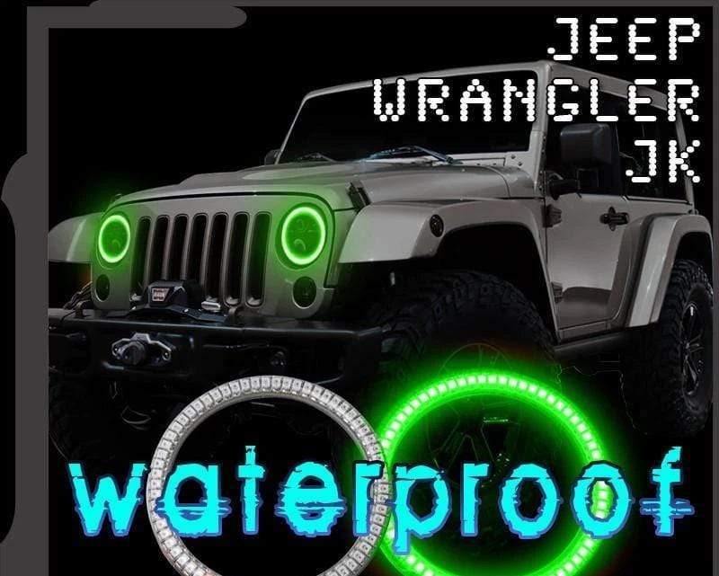 2007-2017 Jeep Wrangler JK Multicolor Halo Kit- Surface Mount Waterproof - RGB Halo Kits Multicolor Flow Series Color Chasing RGBWA LED headlight kit Colorshift Oracle Lighting Trendz OneUpLighting Morimoto theretrofitsource AutoLEDTech Diode Dynamics